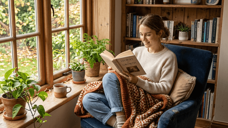 Person reading a book in a cozy nook with natural light